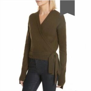 Pre-worn Helmut Lang Olive Green V-Neck Wrap Sweater Size M, 100% cashmere